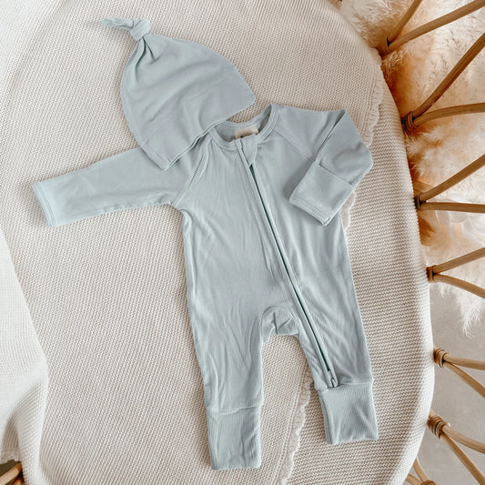 Ribbed Long Sleeve Zip Growsuit with Beanie or Headband