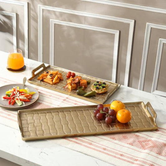 Gold Metal Rectangular Woven Serving Tray with Handles 75611