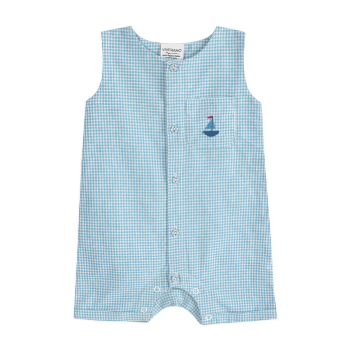Nautical Emb. Sky Gingham Baby Romper