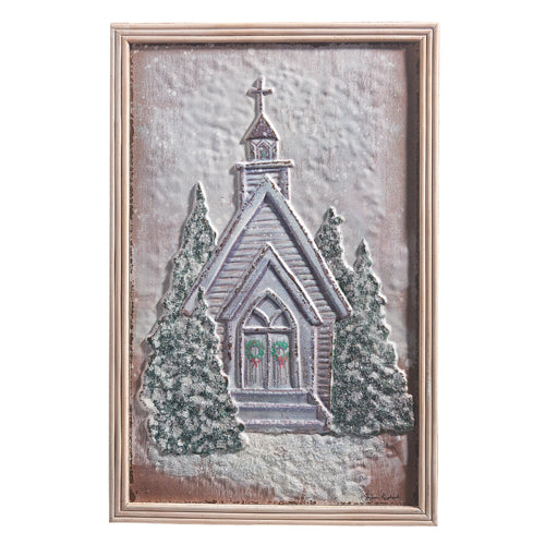 Snowy Chapel Embossed Framed Art