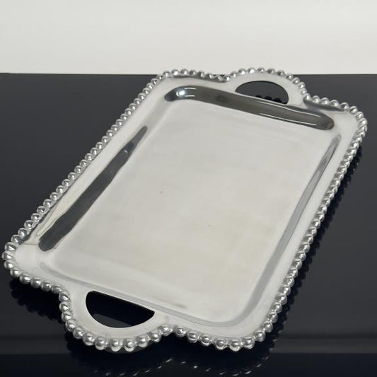 Rectangle Silver Metal Beaded Handle Tray 6286
