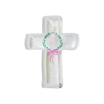 Cream Acrylic Cross with Wreath and Pink Bow
