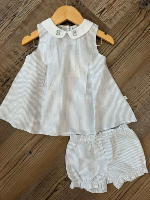 Blue Seersucker Bunny Embroidered Dress