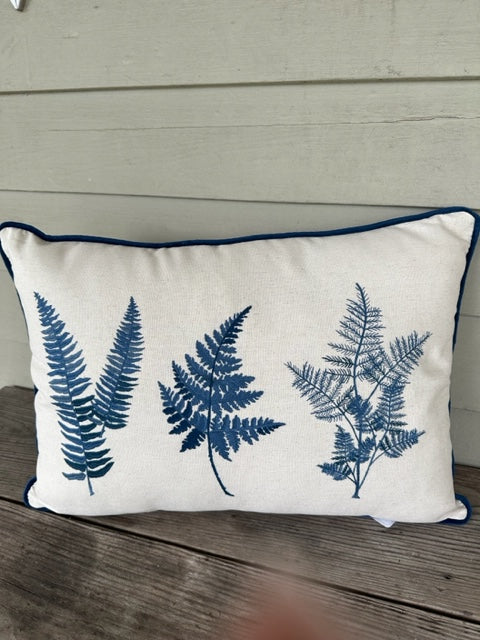 Blue Fern Embroidered Pillow