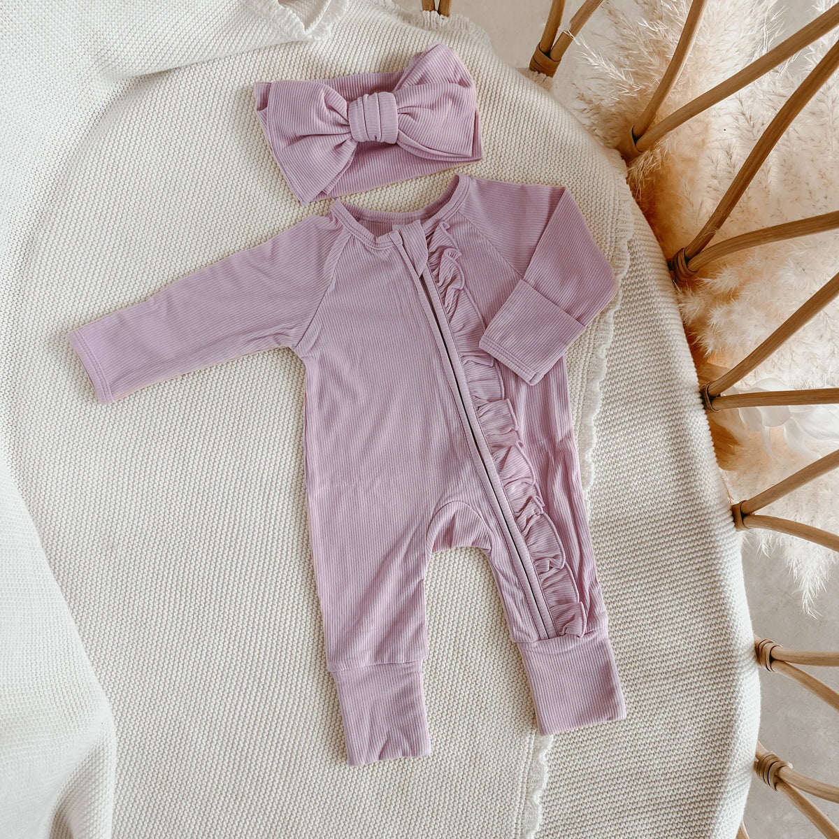 Ribbed Long Sleeve Zip Growsuit with Beanie or Headband
