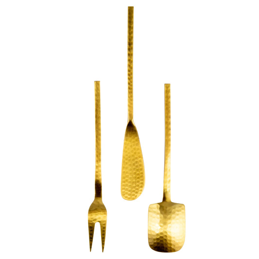 Hammered Stainless Steel Appetizer Utensils Gold Finish Set of 3