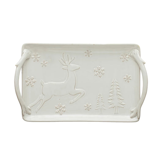 Stoneware Handled Tray with Deer, Snowflakes, Trees