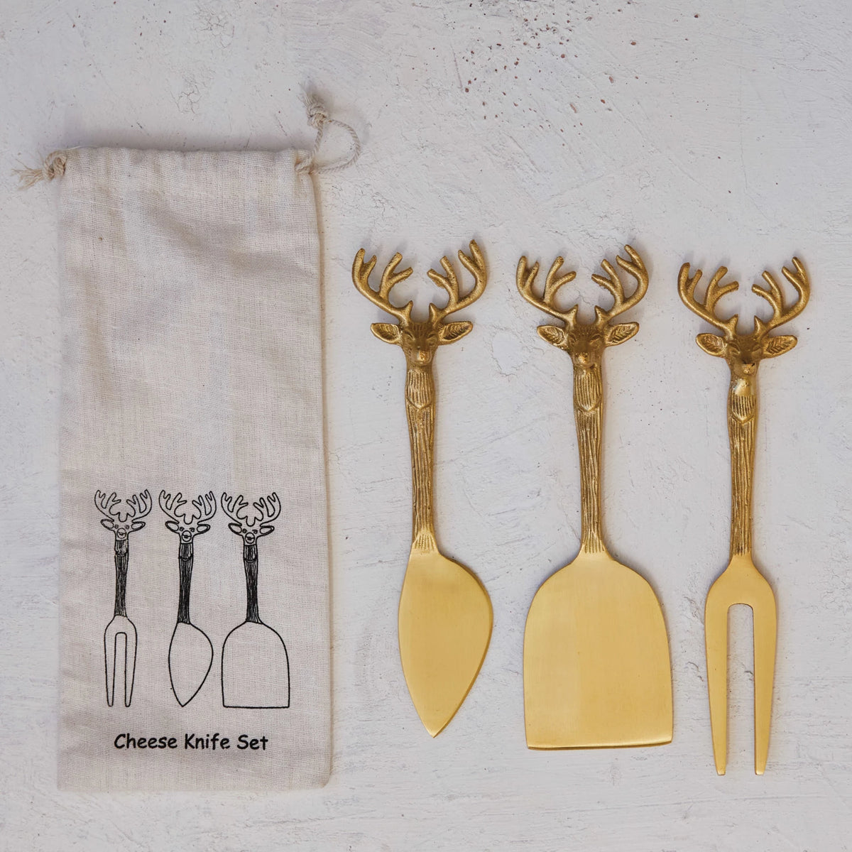 Brass Cheese Knife Set with Reindeer Handles