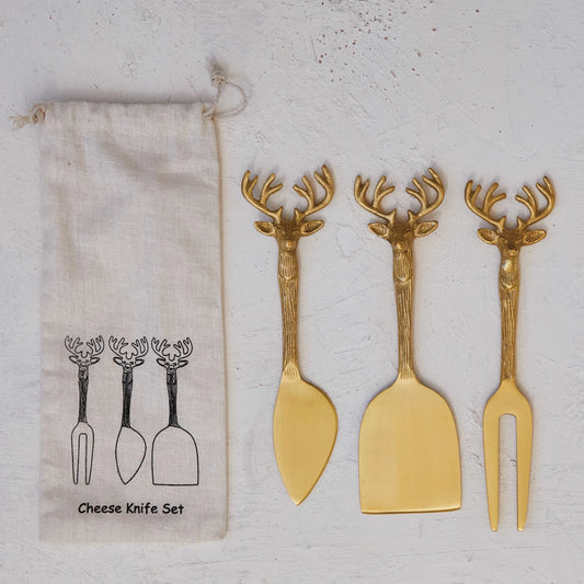 Brass Cheese Knife Set with Reindeer Handles