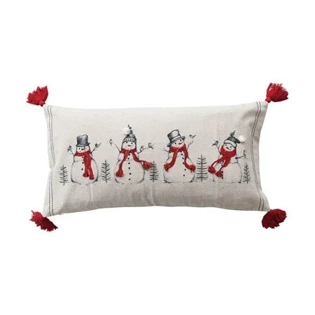 Lumbar Pillow with Embroidered Snowmen & Birds