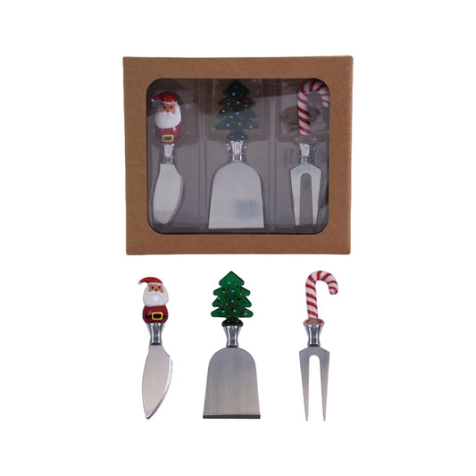 Cheese Knives Boxed Set of 3 with Hand Blown Holiday Icon Handle