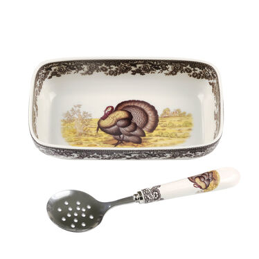 Woodland Cranberry Dish w/ Slotted Spoon