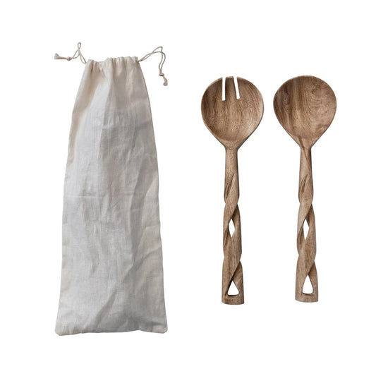 Mango Wood Salad Servers w/ Twisted Handle